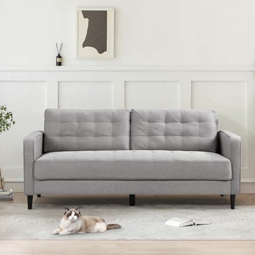 Antetek 74 inch Modern Linen Tufted 3 Seater Sofa Couch, Comfy Oversized Loveseat for Living Room, Bedroom, Office - Light Grey