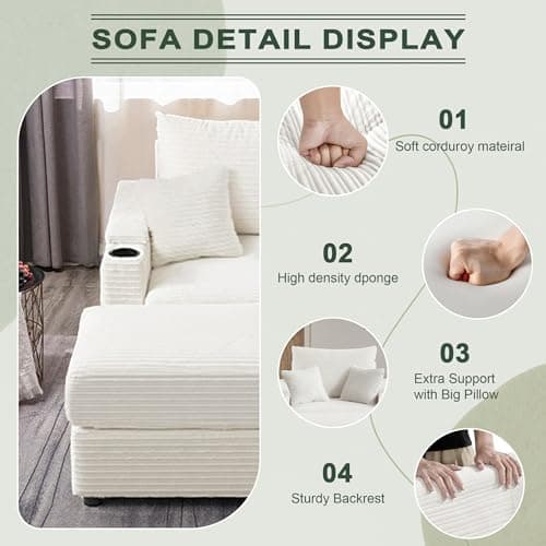 Oversized White Chaise Lounge Chair with Ottoman & 2 Pillows, USB Ports & Cup Holders (39.4")