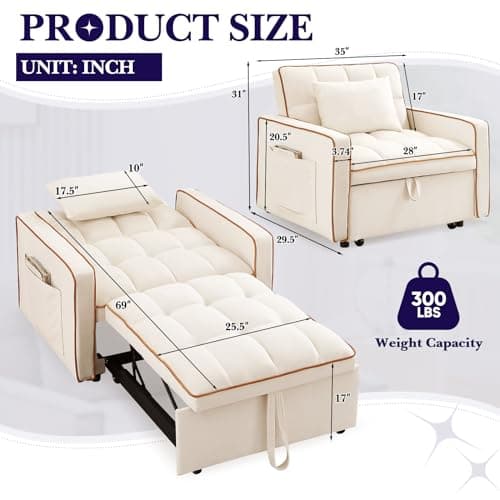 3-in-1 Convertible Sleeper Chair Bed for Small Spaces in Beige