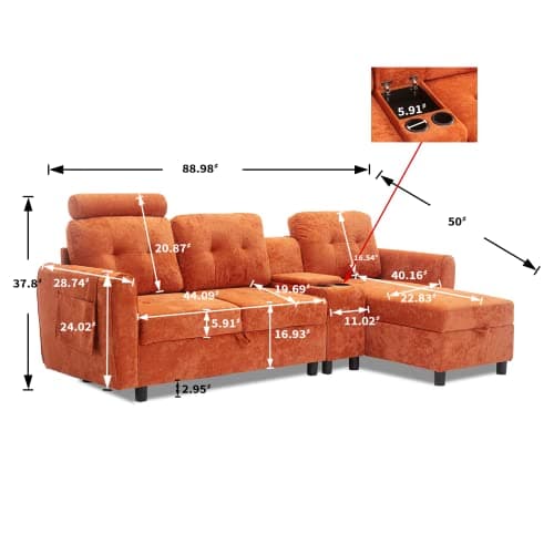 Velvet L-Shape Sectional Sofa with Storage and Cup Holders
