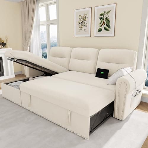 Dark Grey Velvet Reversible Sleeper Sofa Bed with Storage Chaise & Nailhead Armrest