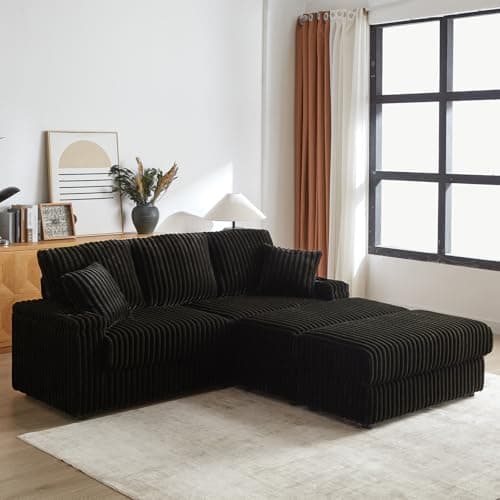 Modern Black Cloud Lounge Sofa with Storage & Cup Holders, 86-inch Deep Seat