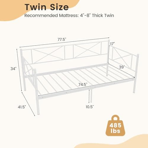 Giantex Twin Size Metal Daybed with Headboard & Slat Support (White)