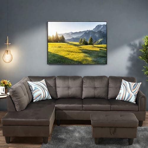 L-Shaped Couch with Chaise, 6 Seat Modern Living Room Sectional in Black/Grey with Storage