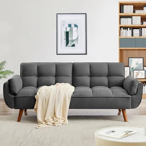 Gray Linen Convertible Futon 3-Seater Sofa Bed with Adjustable Backrests