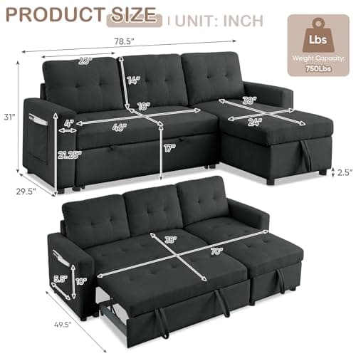 Reversible Sleeper Sectional Sofa with Pull-Out Bed for Small Living Rooms