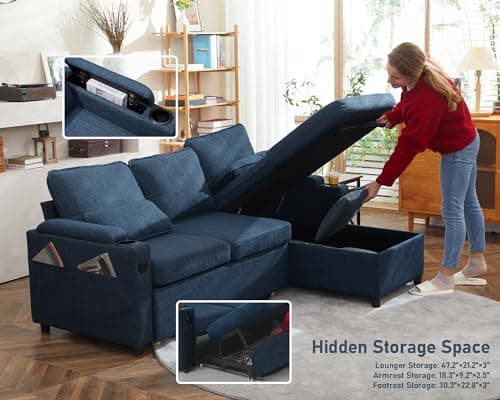 Blue Sectional Sleeper Sofa Bed with Storage, USB, and Cup Holders for Apartment Living Room