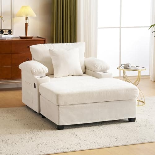 Antetek Beige Chaise Lounge Chair with Ottoman & Storage Armrest