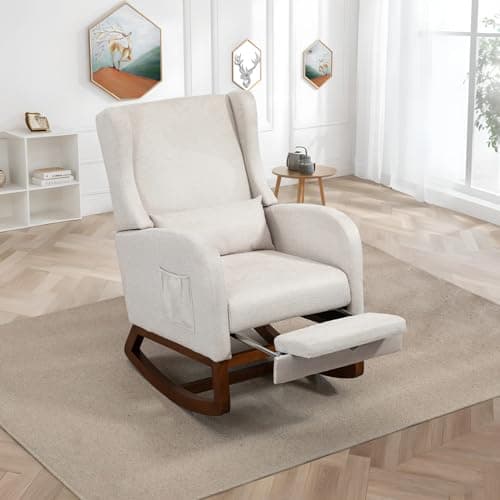 Ivory Comfortable Rocking Chair with Foot Rest for Nursery and Relaxing