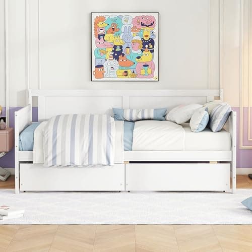 Twin Size Daybed Frame with Storage, White Wood Bed