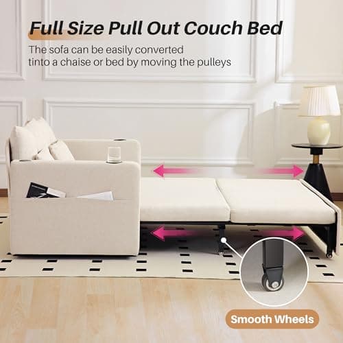 Redlife 55" Pull-Out Couch Bed, Beige, 3-in-1 Sleeper Sofa