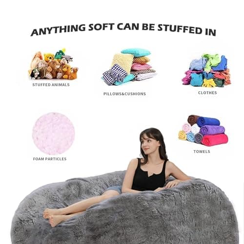 Giant Grey Bean Bag Chair for Adults and Kids, No-Fill, Stuffed Animal Storage