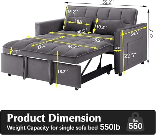 Velvet Sleeper Sofa Bed with Armrests and Storage, Modern Couch for Living Room, Bedroom, or Office