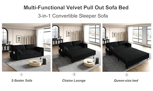 3-in-1 Convertible Sleeper Sofa Bed for Living Room with Side Pockets and Pillows