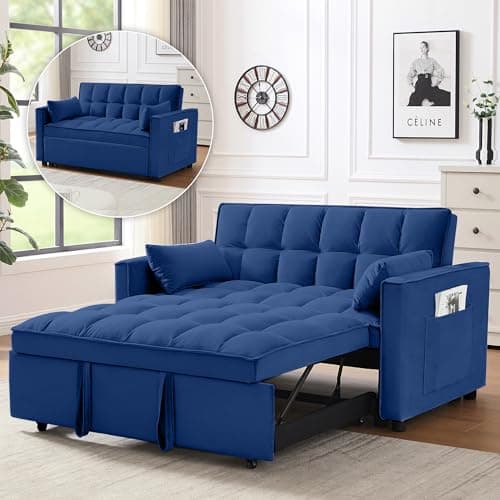 3 in 1 Convertible Sleeper Sofa Bed, Black Velvet Living Room Couch with Side Pocket | Adjustable Backrest