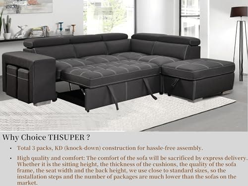 THSUPER Charcoal Grey Microfiber L-Shaped Sleeper Sofa with Pull-Out Bed & Storage Ottoman