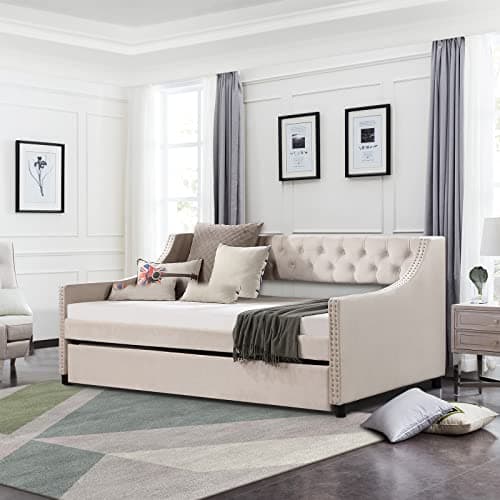 Modern Beige Full Size Button Tufted Velvet Daybed with Trundle