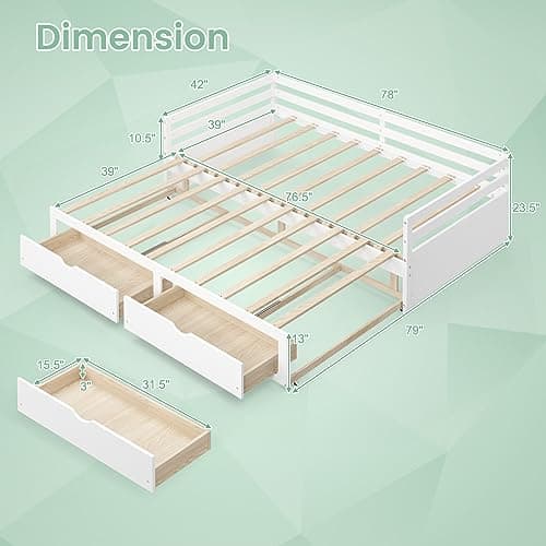 KOMFOTT Extendable Twin to King Daybed, White, with Storage Drawers