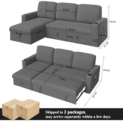 Keyluv 87" Reversible L-Shaped Sofa Bed with Storage & Charging Station, Dark Gray Velvet