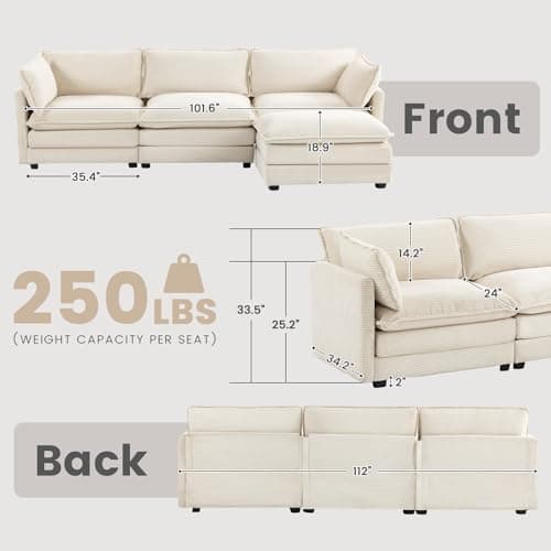 ROWHY Beige Oversized Modular Sectional with Movable Ottoman, 4 Seat L-Shaped Sofa Set