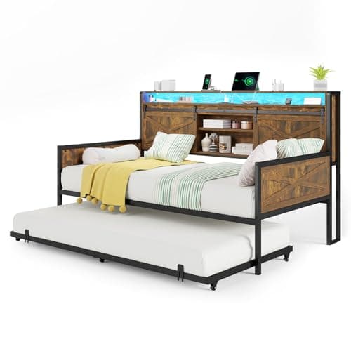 AMERLIFE Rustic Brown Twin Daybed with Trundle, Sliding Barn Door Headboard & Charging Station