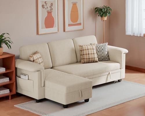 Homall L-Shaped Sleeper Sofa with Storage, Beige Linen Fabric