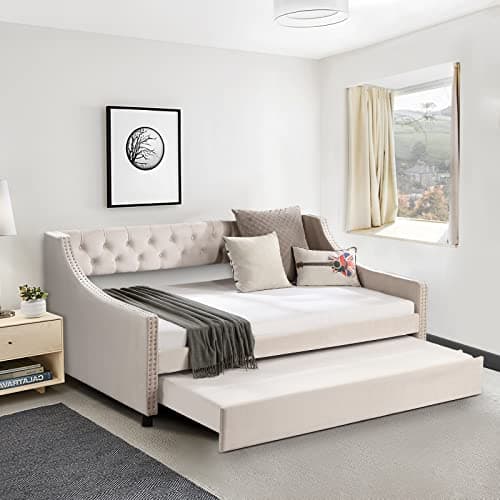 Modern Beige Full Size Button Tufted Velvet Daybed with Trundle