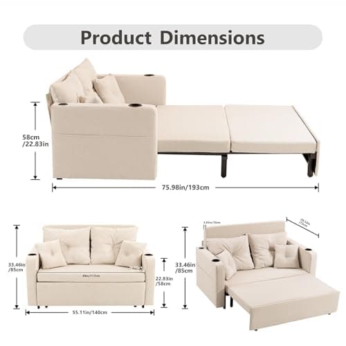 Redlife 55" Pull-Out Couch Bed, Beige, 3-in-1 Sleeper Sofa