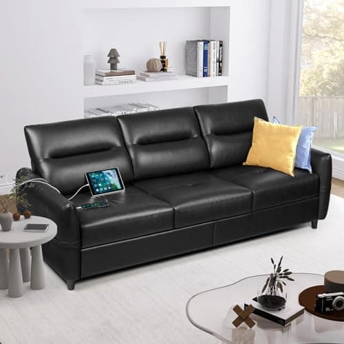 Mid Century Modern 85" Black Leather Sofa with USB Charging Ports