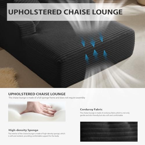 Black 50 Inches Chaise Lounge Indoor Oversized Chair with 3 Throw Pillows and Armrests for Living Room Apartment
| Corduroy Upholstered Black 50 Inches Chaise Lounge Chair with Armrests and Throw Pillows for Living Room Sleeper Chair
| Black 50 Inch