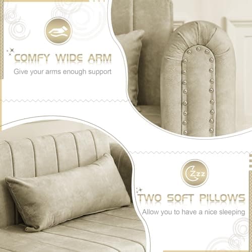 Antetek 82 Velvet Sleeper Sofa - Modern 3-Seat Couch with Pullout Bed & Pillows, Beige