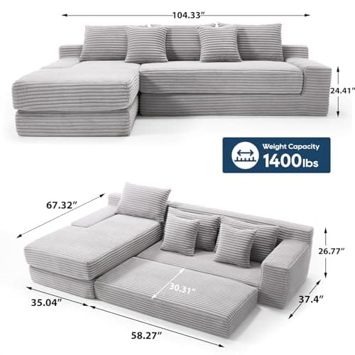 Grey 104-inch Cloud L-Shaped Foldable 3-Seater Couch Bed, Compressed Foam, Corner Lounge for Living Room
