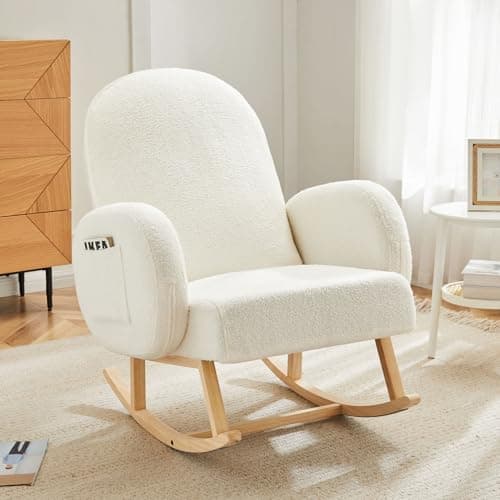 Rubber Wood Leg Rocking Chair with Side Pocket for Living Room, Bedroom, Nursery