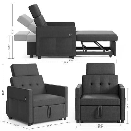 LIKIMIO 3-in-1 Sleeper Sofa Chair Bed, Dark Grey Linen Fabric
