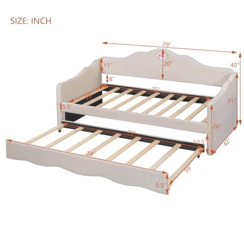 Beige Ball & Cast Upholstered Twin Daybed with Trundle & Wave Back Arm, Wood Slat Support