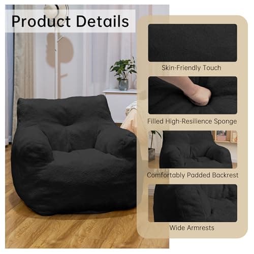 DKLGG Fluffy Sherpa Bean Bag Chair with Memory Foam (Black)