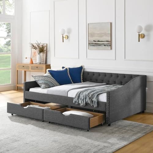 Beige Wood Twin Daybed with Storage & Button Design for Bedroom