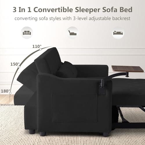 3-in-1 Loveseat Sleeper with 360° Rotating Table, Black