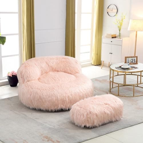 Modern Fluffy Beanbag Chair with Ottoman for Adults and Kids, Black