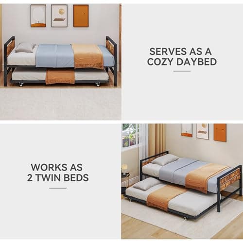 Black DWVO Twin Daybed with Trundle for Guest Room and Living Room, Adjustable Height Trundle Daybed, Metal Sofa Bed Frame with Wood Headboard, Easy Assembly