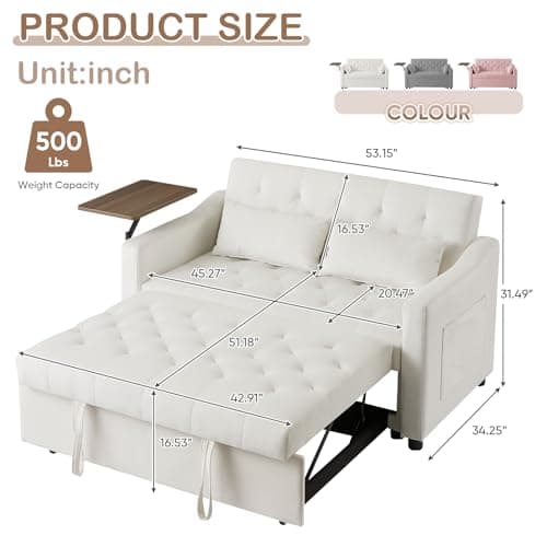 Antetek 3-in-1 Convertible Sofa Bed w/360° Rotating Side Table, Modern Velvet Sofa, White