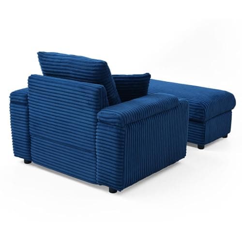 Modern Upholstered Blue Chaise Longue with Cup Holders & Storage Ottoman