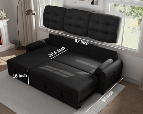 Ucloveria 87" Sleeper Sofa Bed with Reversible Chaise & Side Pocket | Black Linen Fabric