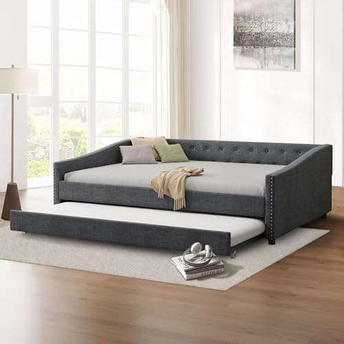Twin Size Upholstered Daybed with Trundle - Dark Grey | Ultimate Guest Bed with Tufted Back and Piping Detail for Bedroom | No Box Spring Needed  
Twin Size Upholstered Daybed with Trundle - Dark Grey | Perfect Sofa Bed for Guest Room with Button Bac