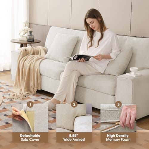 DOPEDIO Beige Chenille Loveseat Sofa, Spring Cushions, Easy Assembly