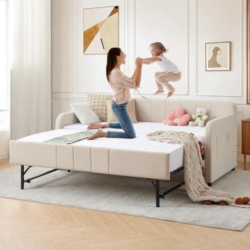 Beige Velvet Tufted Twin to King Extendable Daybed with USB Port