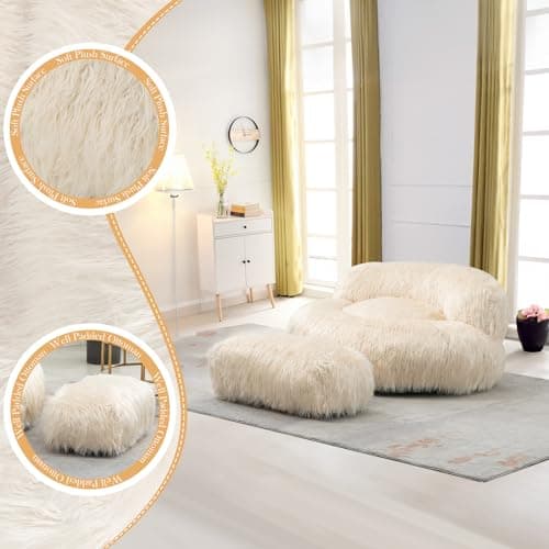 Modern Fluffy Bean Bag Chair with Ottoman, Beige