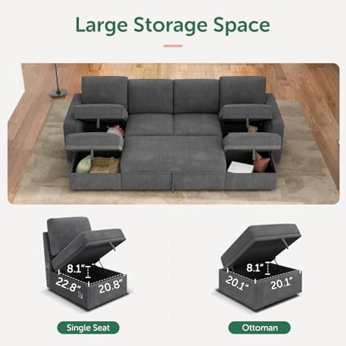 HONBAY Dark Grey Corduroy Modular Sectional Sleeper Sofa Bed