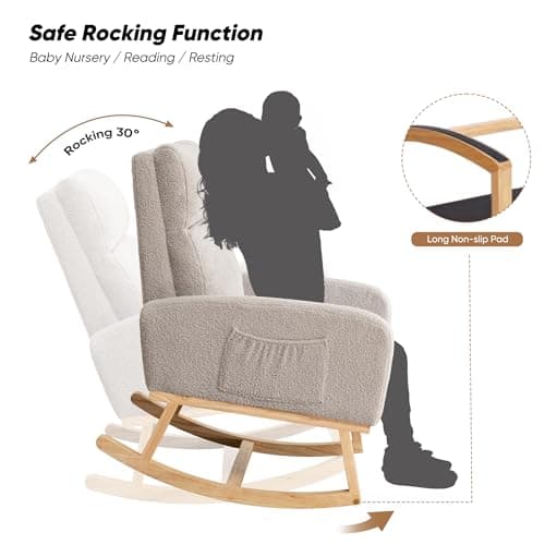 Sherpa Nursing Rocking Chair, Upholstered Glider with Side Pocket, Light Grey