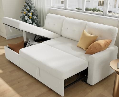 IULULU L-Shaped Boucle Sleeper Sofa with Pullout Bed and Chaise